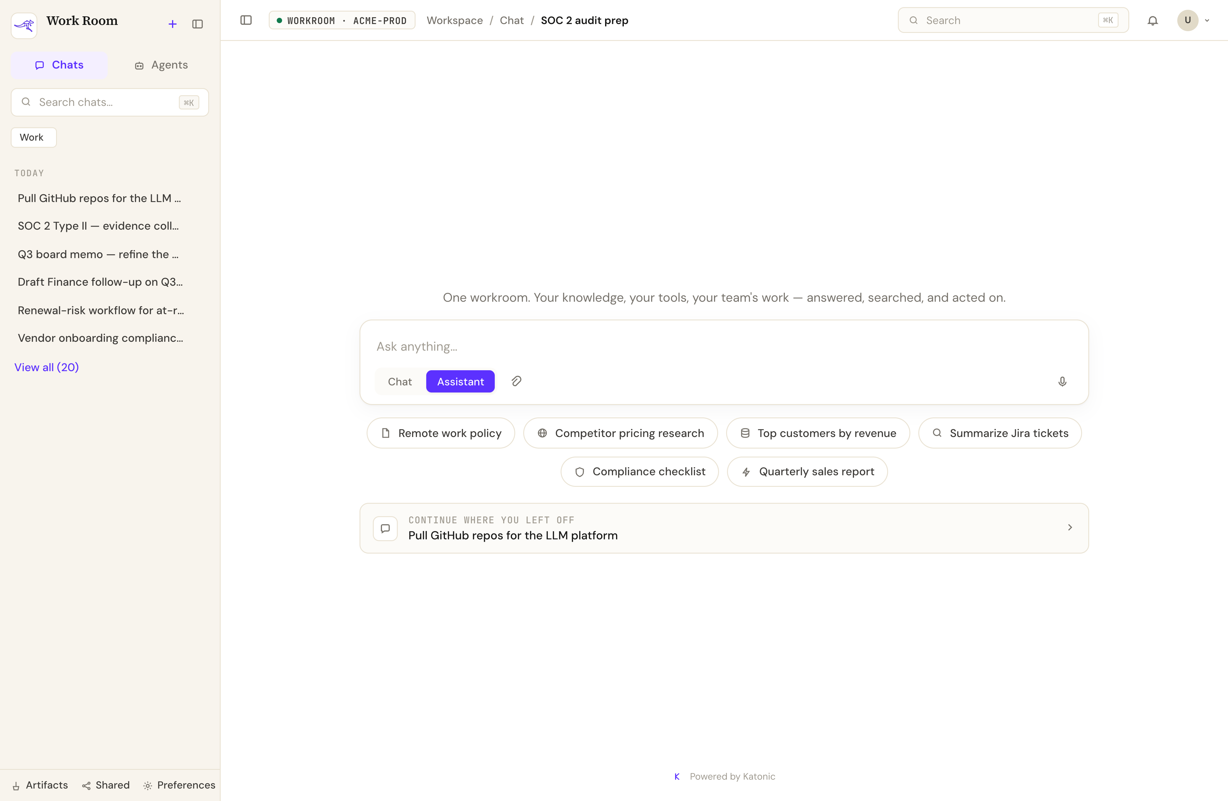 01 · Home · knowledge search, actions, deep research